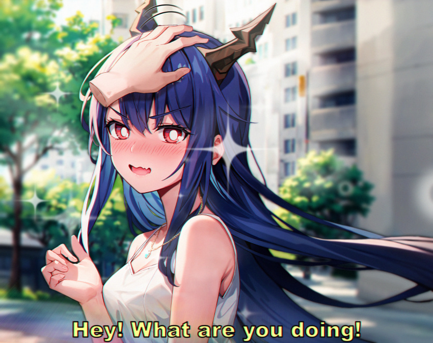 1girl arknights bare_shoulders blue_hair blurry blurry_background blush breasts ch'en_(arknights) disembodied_limb dragon_horns embarrassed english_text hair_between_eyes headpat highres horns jewelry lattekoi5252 long_hair looking_at_viewer medium_breasts nose_blush open_mouth outdoors pendant red_eyes sidelocks solo_focus