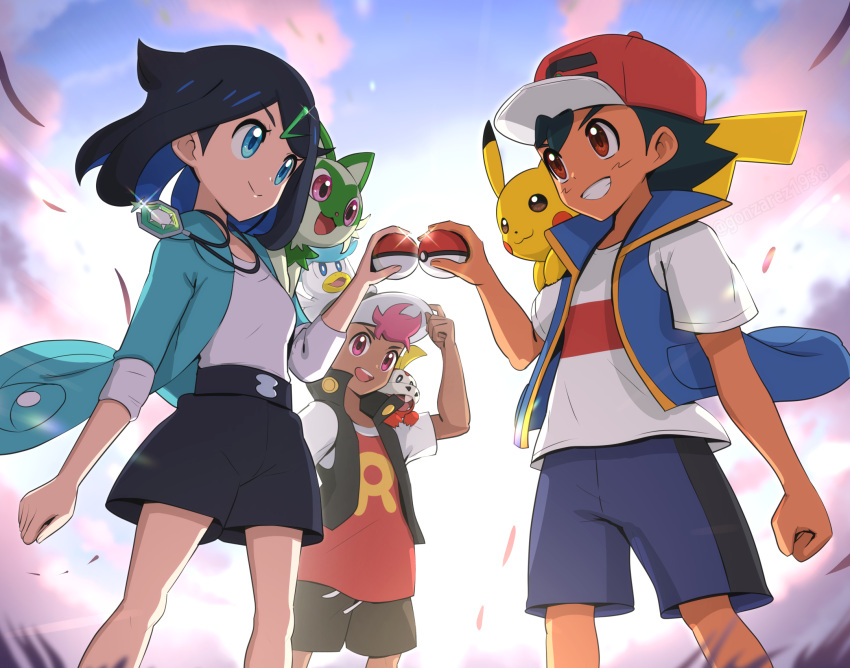 1girl 2boys ash_ketchum baseball_cap black_hair black_jacket blue_eyes blue_jacket blue_sky brown_eyes commentary english_commentary fuecoco gonzarez grin hair_ornament hairpin hat highres jacket jewelry liko_(pokemon) long_sleeves mixed-language_commentary multiple_boys necklace open_clothes open_jacket pikachu pink_eyes pink_hair poke_ball pokemon pokemon_(anime) pokemon_(creature) pokemon_journeys pokemon_sv_(anime) quaxly roy_(pokemon) shirt short_hair short_sleeves shorts sky smile sprigatito