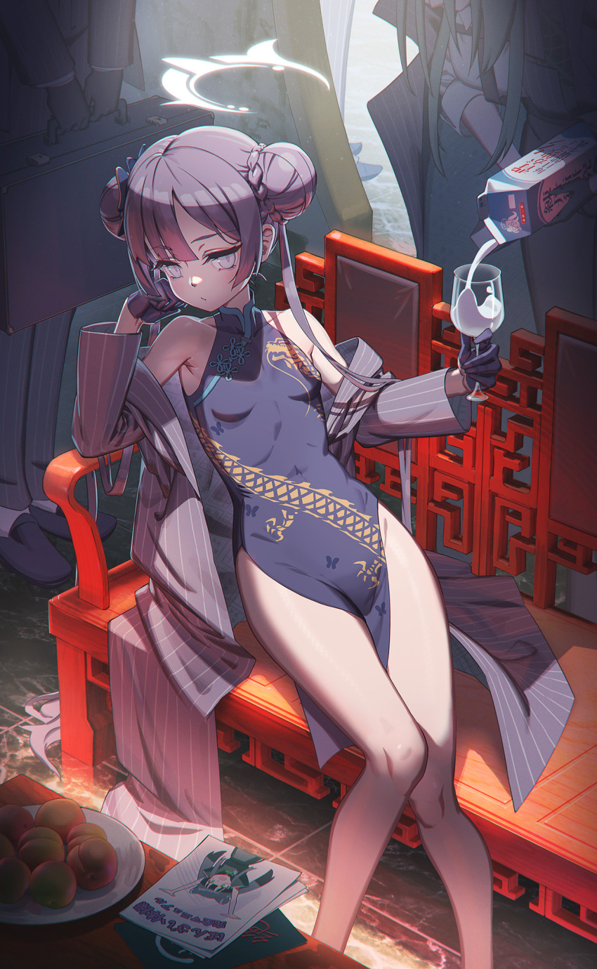 1girl bare_shoulders black_dress black_gloves black_hair blue_archive braid braided_bun china_dress chinese_clothes collarbone cup double_bun dragon_print dress drinking_glass food fruit gloves grey_eyes hair_bun hair_ornament halo highres hironii_(hirofactory) holding holding_cup jacket kisaki_(blue_archive) long_hair long_sleeves mechanical_halo milk milk_carton open_clothes peach pinstripe_pattern print_dress sleeveless sleeveless_dress solo striped striped_jacket vertical-striped_coat wine_glass