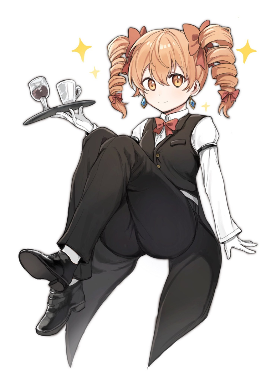 1girl black_pants black_vest bow bowtie chalice cup drill_hair drop_earrings earrings formal full_body gloves head_bowed highres holding holding_tray jewelry long_sleeves looking_at_viewer no_headwear orange_eyes orange_hair pants shirt simple_background solo suit sweetpotatojelly touhou tray twin_drills vest white_gloves white_shirt yorigami_jo'on