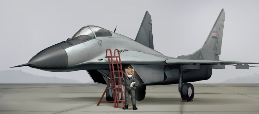 1girl aircraft airplane animal_ear_fluff animal_ears black_footwear black_gloves boots canopy_(aircraft) cowlick fighter_jet fog gloves green_eyes green_jumpsuit grey_sky helmet highres holding holding_helmet jet jumpsuit ladder looking_at_viewer mig-29 military military_vehicle nine_(kanine41) original pilot_suit short_hair smile solo vehicle_focus