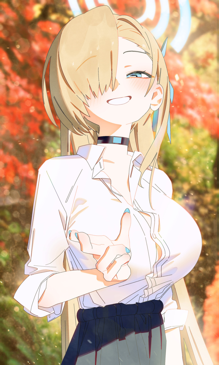 1girl absurdres asuna_(blue_archive) black_choker black_skirt blonde_hair blue_archive blue_eyes blue_nails blue_ribbon blush bm_tol breasts button_gap choker duplicate hair_over_one_eye hair_ribbon halo highres large_breasts light_brown_hair long_hair looking_at_viewer nail_polish pointing ribbon shirt shirt_tucked_in skirt sleeves_rolled_up smile solo w white_shirt
