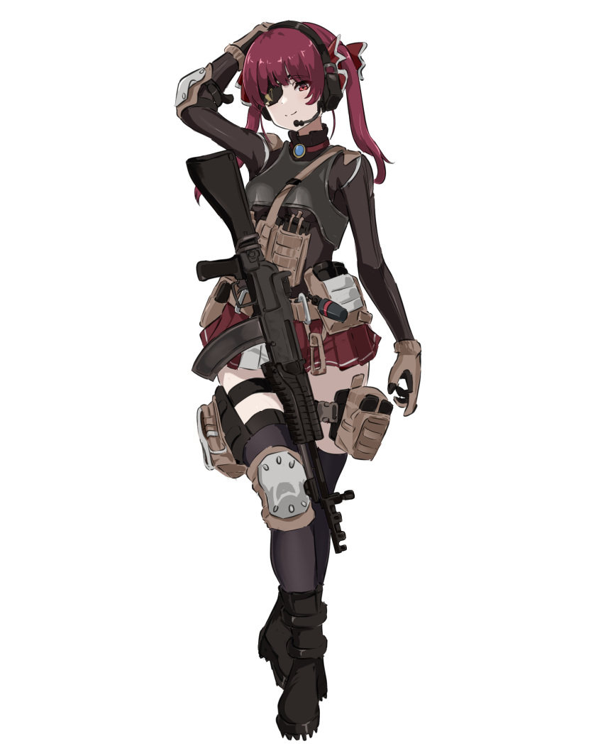1girl assault_rifle black_thighhighs boots breasts brown_hair eyepatch full_body gun headset highres hololive houshou_marine knee_guards long_hair looking_at_viewer mutugorou_u pleated_skirt purple_hair red_eyes rifle simple_background skirt smile solo thigh-highs weapon white_background