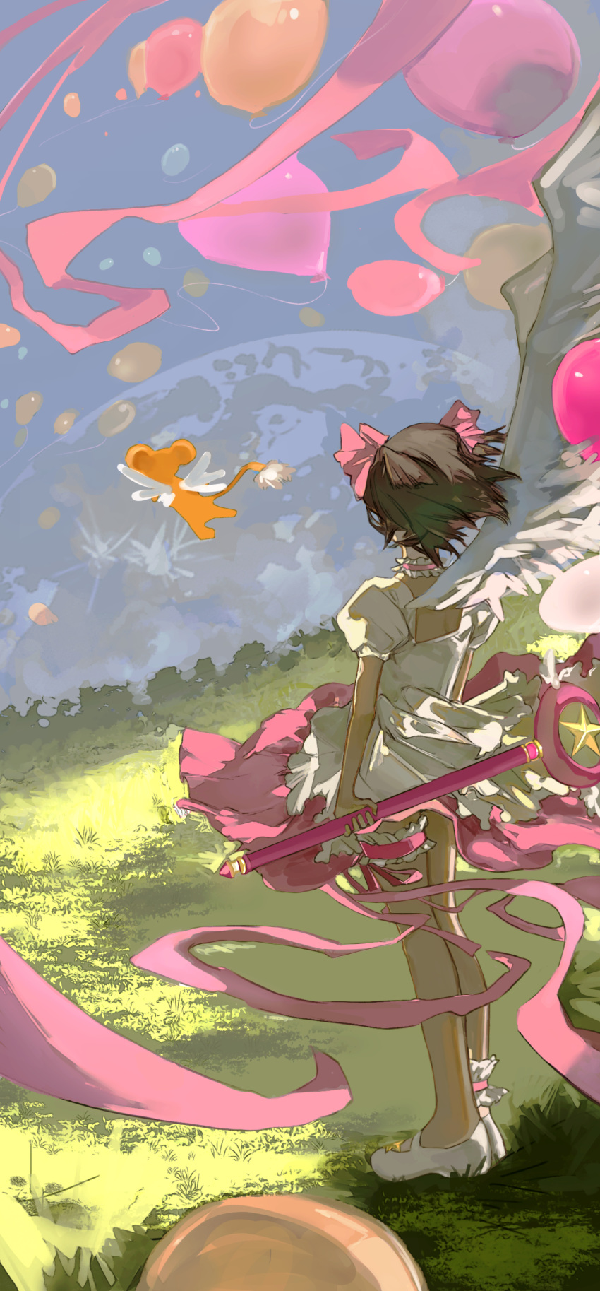 1girl absurdres balloon brown_hair cardcaptor_sakura dress female_child floating full_body grass highres holding holding_wand kero kinomoto_sakura ss_sl99 standing wand white_dress white_footwear wings