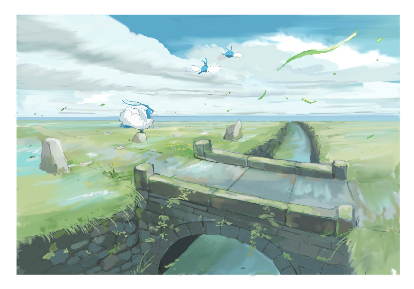 altaria border bridge canal clouds commentary_request day evolutionary_line falling_leaves grass highres leaf momota_pix no_humans outdoors pokemon pokemon_(creature) sky swablu water white_border