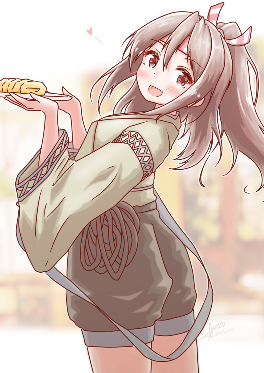 1girl aaoi arched_back brown_eyes commentary_request cowboy_shot food from_behind grey_shorts hachimaki hakama hakama_shorts headband high_ponytail highres japanese_clothes kantai_collection long_hair looking_at_viewer looking_back omelet ponytail shorts solo striped_headband tamagoyaki zuihou_(kancolle) zuihou_kai_(kancolle)