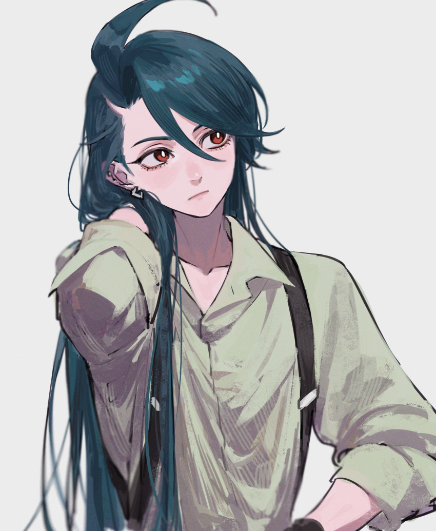1girl absurdres alternate_hairstyle asymmetrical_hair black_gloves closed_mouth collared_shirt dress_shirt ear_piercing expressionless flat_chest gloves green_hair grey_background grey_shirt hair_down hand_in_own_hair highres itou_(very_ito) long_hair looking_to_the_side piercing pokemon pokemon_(game) pokemon_sv red_eyes rika_(pokemon) shirt simple_background solo suspenders swept_bangs upper_body wing_collar