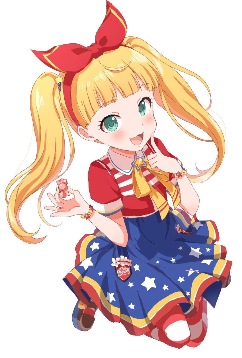 1girl absurdres blonde_hair blush bow bracelet buchi_(y0u0ri_) candy dot_nose finger_to_mouth food green_eyes hair_bow hair_ornament hair_ribbon highres holding holding_food idolmaster idolmaster_cinderella_girls idolmaster_cinderella_girls_starlight_stage jewelry long_hair looking_at_viewer mary_cochran mary_janes multicolored_clothes multicolored_skirt name_tag open_mouth red_ribbon red_shirt ribbon shirt shoes short_sleeves simple_background skirt smile solo star_(symbol) star_print striped striped_skirt striped_thighhighs thigh-highs twintails white_background yellow_ribbon