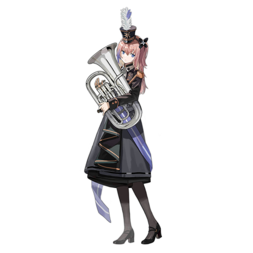 1girl black_dress black_footwear black_hairband black_pantyhose blue_eyes dress epaulettes euphonium expressionless full_body girls_frontline hair_between_eyes hairband hat hat_feather high_heels highres holding holding_instrument instrument long_hair long_sleeves looking_at_viewer marching_band multicolored_hair nunuan official_alternate_costume official_art pantyhose shako_cap simple_background solo st_ar-15_(breeze_on_a_spring_day)_(girls'_frontline) st_ar-15_(girls'_frontline) standing streaked_hair transparent_background