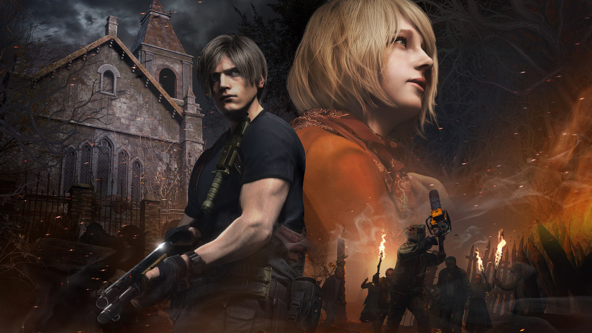 1boy 1girl ashley_graham black_shirt blonde_hair chainsaw church closed_mouth fence gun hand_on_own_chest highres holding holding_chainsaw holding_torch holding_weapon jacket knife knife_holster leon_s._kennedy muscular official_art official_wallpaper orange_jacket red_scarf resident_evil resident_evil_4 resident_evil_4_(remake) scarf shirt shotgun sky torch village weapon zombie