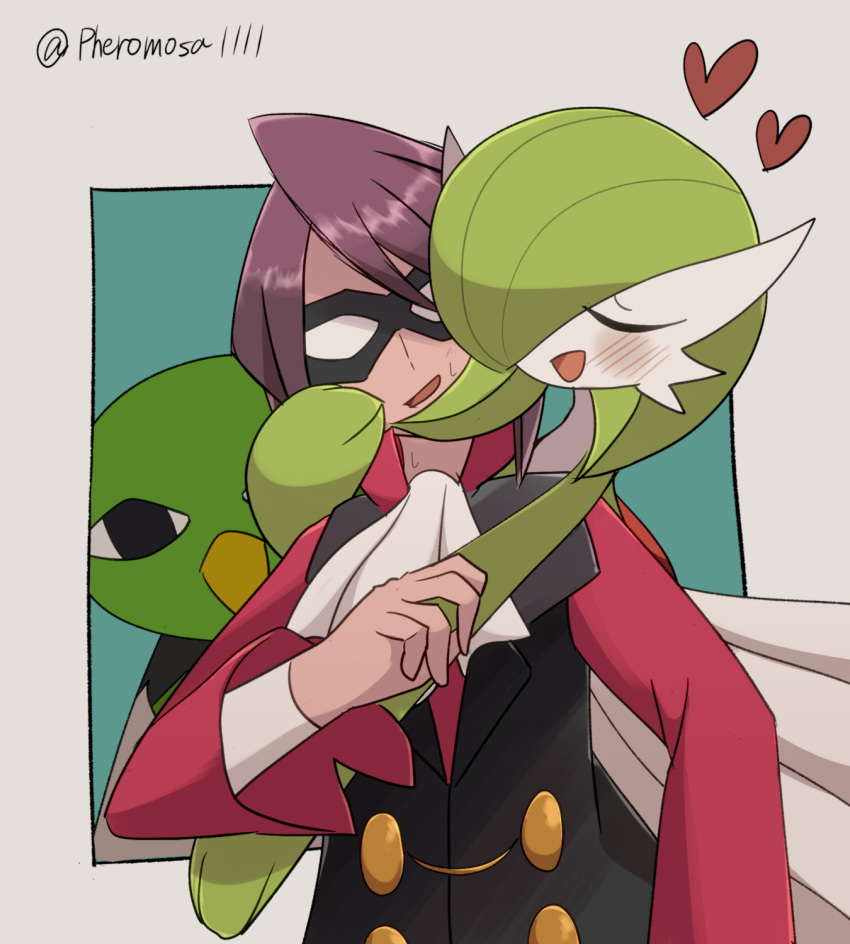 1boy 1girl a-nya artist_name ascot bird black_eyes black_vest blue_background blush bob_cut border buttons closed_eyes collared_shirt commentary_request domino_mask gardevoir green_hair grey_border hair_over_one_eye hand_on_another's_cheek hand_on_another's_face hand_up happy heart hetero highres hug hug_from_behind interspecies layered_sleeves long_sleeves looking_at_viewer mask nervous nervous_smile one_eye_covered open_mouth outside_border partial_commentary pokemon pokemon_(creature) pokemon_(game) pokemon_hgss purple_hair red_shirt shirt short_hair sidelocks signature simple_background smile standing sweat twitter_username u_u upper_body vest white_ascot will_(pokemon) xatu