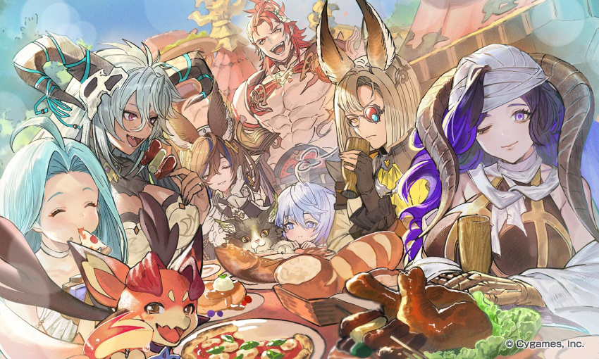 3boys 6+girls ^_^ ahoge apple aqua_hair artist_request bandages black_hair blue_eyes blue_hair bowl_cut bread breasts brown_eyes brown_hair closed_eyes cup draph erune ewiyar_(granblue_fantasy) fangs fediel_(granblue_fantasy) fingerless_gloves fish food fruit galleon_(granblue_fantasy) glasses gloves granblue_fantasy green_hair grin hair_ornament head_rest horns jewelry kebab large_breasts light_blue_hair long_hair lu_woh_(granblue_fantasy) lyria_(granblue_fantasy) meat multicolored_hair multiple_boys multiple_girls official_art one_eye_closed open_mouth orologia_(female) pink_eyes pizza purple_hair redhead ring skull_hair_ornament smile streaked_hair upper_body vyrn_(granblue_fantasy) wamdus_(granblue_fantasy) wilnas_(granblue_fantasy) yellow_eyes