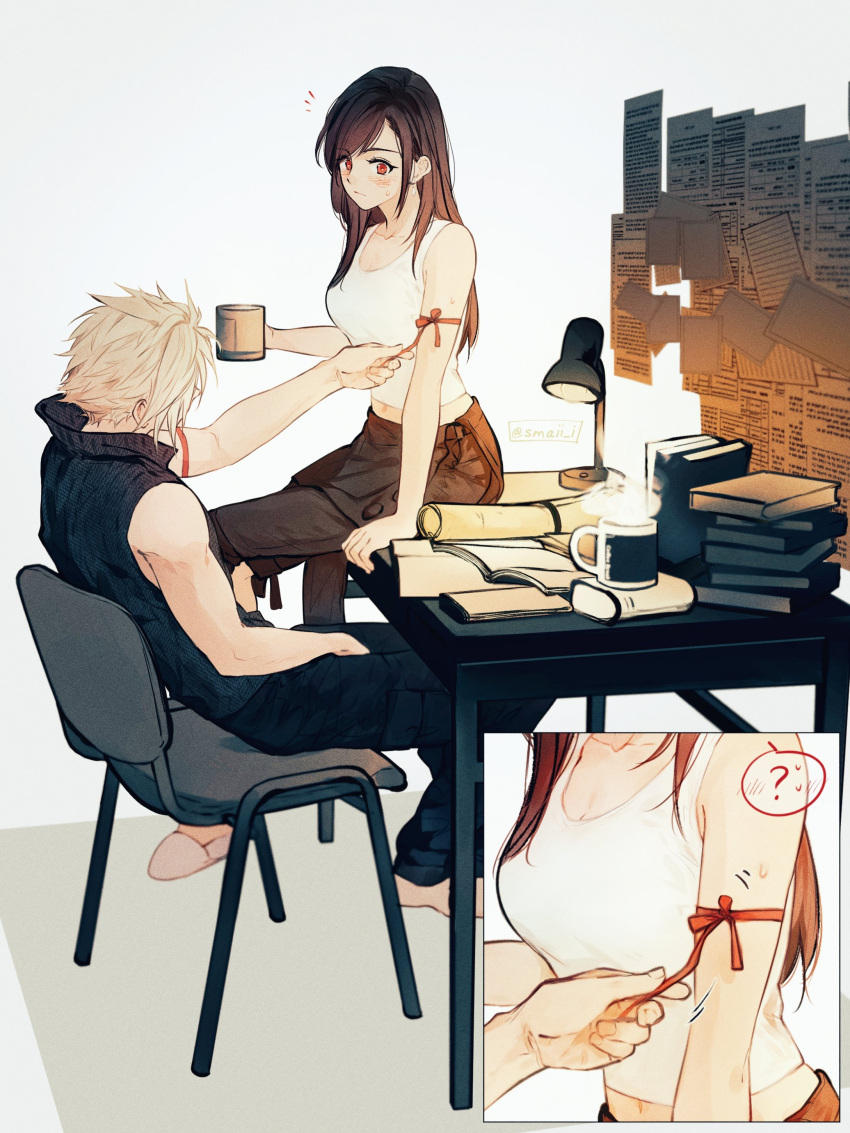 1boy 1girl ? absurdres apron arm_ribbon bare_shoulders black_apron black_hair black_shorts blonde_hair blush book breasts chair cloud_strife commentary couple crop_top cup desk desk_lamp earrings final_fantasy final_fantasy_vii final_fantasy_vii_advent_children full_body high_collar highres holding holding_cup jewelry lamp long_hair maiii_(smaii_i) medium_breasts midriff_peek navel on_desk pulling red_eyes red_ribbon ribbed_shirt ribbon shirt shorts single_earring sitting sitting_on_desk sleeveless sleeveless_shirt slippers spiky_hair sweatdrop swept_bangs symbol-only_commentary table tank_top teardrop_earring tifa_lockhart waist_apron white_tank_top