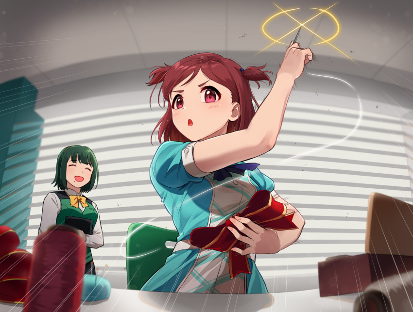 2girls aoba_misaki blinds blue_dress blurry blurry_foreground bob_cut bow bowtie brown_hair closed_eyes commentary depth_of_field desk diffraction_spikes dress dress_shirt emphasis_lines frown green_hair green_vest holding holding_bow_(ornament) holding_needle idolmaster idolmaster_million_live! indoors kamille_(vcx68) light_trail long_sleeves looking_at_viewer mole mole_under_mouth multiple_girls needle open_mouth otonashi_kotori puffy_short_sleeves puffy_sleeves red_bow shirt short_hair short_sleeves smile standing swept_bangs thread two_side_up vest violet_eyes white_shirt yellow_bow yellow_bowtie