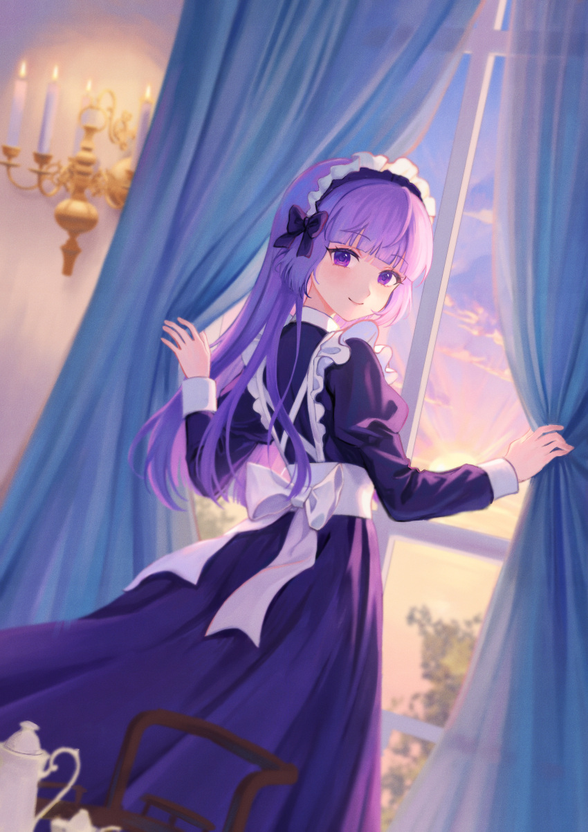 1girl absurdres aikatsu!_(series) aikatsu_stars! blunt_bangs bow closed_mouth curtain_grab curtains dress hair_bow highres hikami_sumire indoors long_dress long_hair long_sleeves looking_at_viewer maid maid_headdress momo-chan_(addiesweets) purple_bow purple_dress purple_hair smile solo standing sunrise violet_eyes white_bow