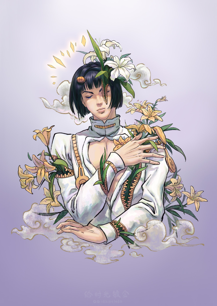 1boy absurdres black_hair bob_cut bruno_bucciarati closed_eyes clouds commentary english_commentary flower gilding-the-time halo highres jojo_no_kimyou_na_bouken lily_(flower) male_focus solo unzipped upper_body vento_aureo zipper zipper_pull_tab