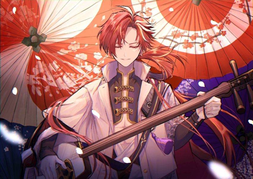 1boy abs asymmetrical_hair closed_eyes earrings fate/grand_order fate_(series) holding holding_instrument instrument jewelry long_hair multicolored_hair oil-paper_umbrella open_mouth parted_bangs ponytail poshi00 redhead shamisen smile streaked_hair takasugi_shinsaku_(fate) tassel traditional_clothes two-tone_hair umbrella very_long_hair