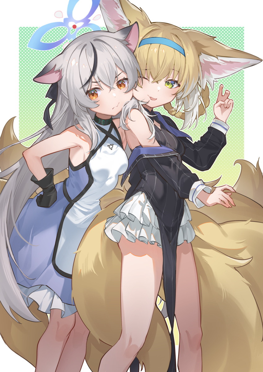 2girls absurdres animal_ears arknights bare_shoulders black_gloves black_hair blonde_hair blue_archive blue_hairband blue_halo braid breasts brown_eyes choker closed_mouth dress english_commentary feet_out_of_frame fox_ears fox_girl fox_tail gloves green_eyes grey_hair gus1999 hairband halo highres kitsune kokona_(blue_archive) kyuubi long_hair multicolored_hair multiple_girls multiple_tails parted_lips short_dress sidelocks small_breasts streaked_hair suzuran_(arknights) tail two-tone_hair very_long_hair white_hair