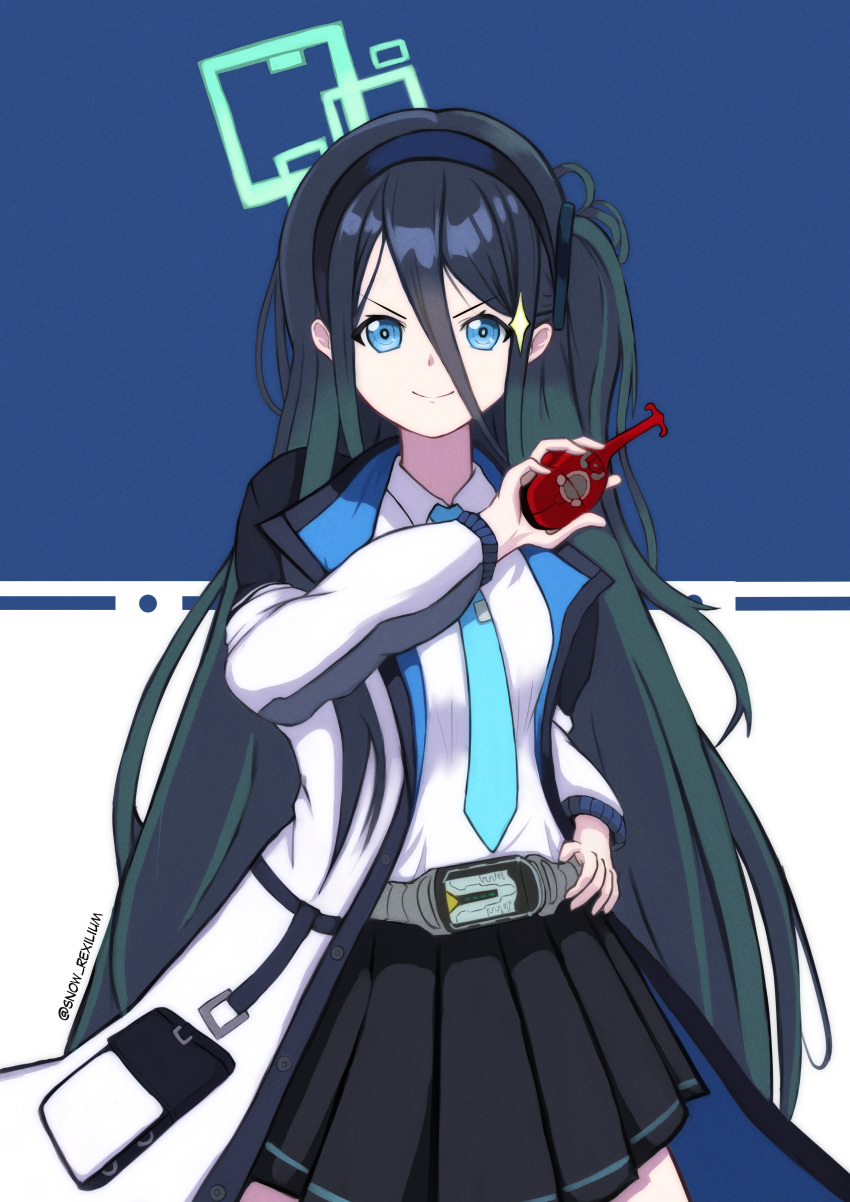 1girl absurdres aris_(blue_archive) black_hair black_skirt blue_archive blue_eyes blue_necktie collared_shirt commentary_request doyagao hair_between_eyes hair_ornament hairband henshin highres holding jacket kamen_rider kamen_rider_kabuto_(series) long_hair long_sleeves looking_at_viewer necktie one_side_up open_clothes open_jacket pleated_skirt rider_belt school_uniform shirt sidelocks simple_background skirt smile smug snow_rexilium solo sparkle v-shaped_eyebrows