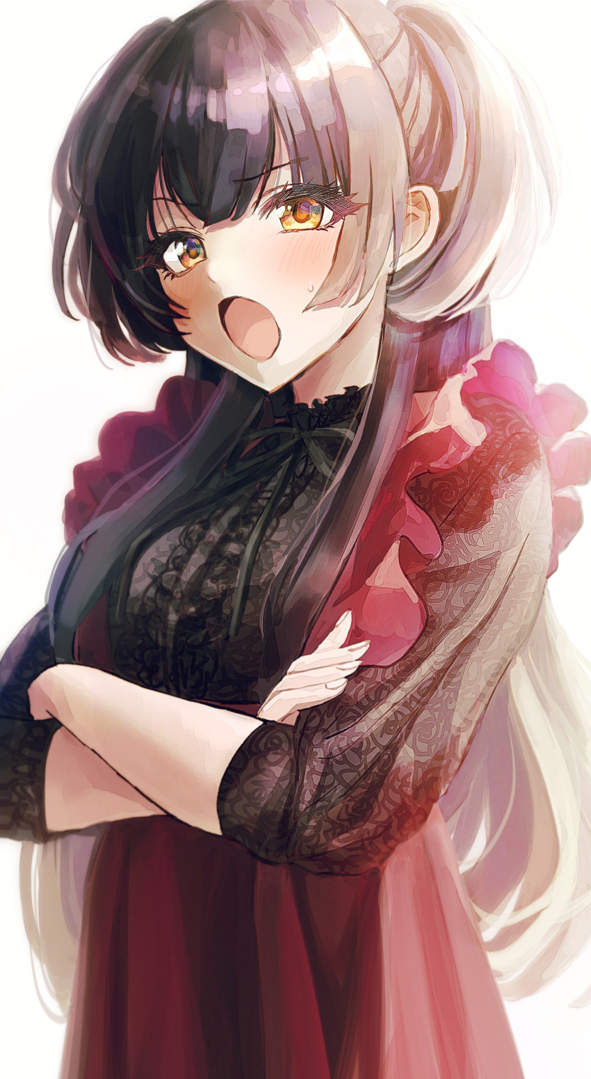 1girl absurdres backlighting black_dress black_hair black_ribbon blunt_bangs blush bow breasts brown_eyes crossed_arms dress frilled_dress frills highres idolmaster idolmaster_shiny_colors lace-trimmed_dress lace_trim long_hair long_sleeves looking_at_viewer mayuzumi_fuyuko medium_breasts multicolored_clothes multicolored_dress open_mouth paddy_field red_dress ribbon simple_background solo standing two_side_up white_background
