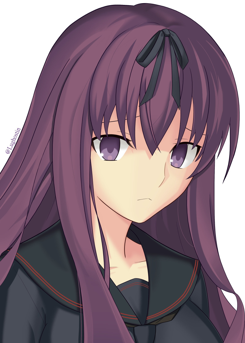 1girl absurdres black_ribbon black_serafuku black_shirt collared_shirt hair_ornament hair_ribbon highres long_hair looking_at_viewer lughost murasaki_(senran_kagura) purple_hair ribbon sad school_uniform senran_kagura senran_kagura_shinovi_versus serafuku shirt sidelocks simple_background takeuchi_takashi_(style) twitter_username violet_eyes white_background