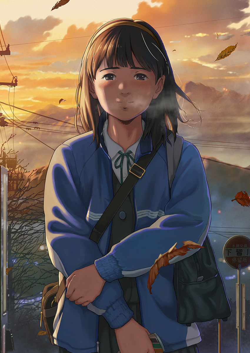 1girl absurdres backlighting bare_tree black_eyes black_hair blush breath bus_stop_sign can clouds evening hairband highres holding holding_can holding_own_arm isai_shizuka jacket leaf light_smile looking_at_viewer mountain mountainous_horizon neck_ribbon open_clothes open_jacket original power_lines ribbon rural school_uniform sky track_jacket tree twilight utility_pole vending_machine wind