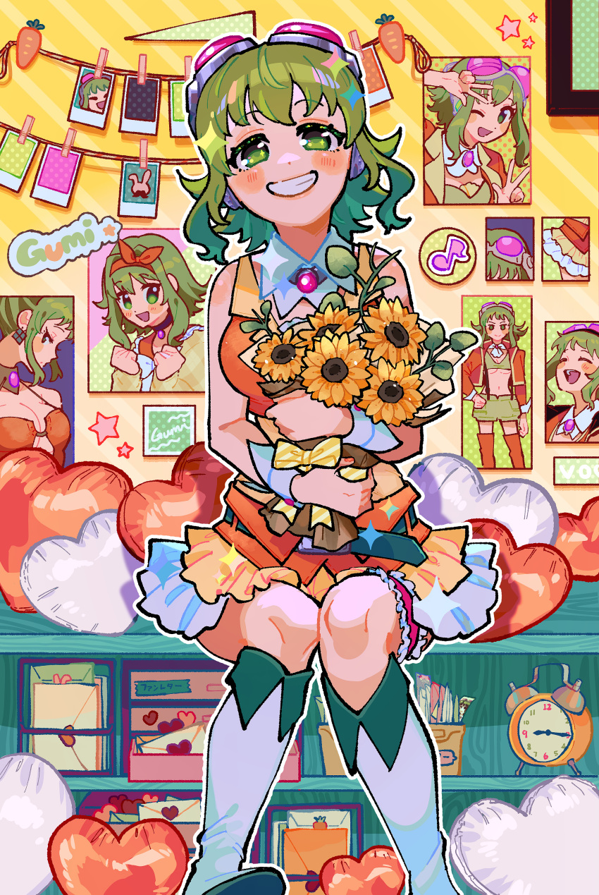 1girl absurdres alarm_clock boots bow character_name clock eighth_note feet_out_of_frame flower goggles goggles_on_head green_eyes green_hair gumi heart highres holding holding_flower letter looking_at_viewer medium_hair musical_note orange_shirt orange_skirt parted_lips red_goggles shelf shirt skirt sleeveless sleeveless_shirt solo star_(symbol) striped striped_bow vocaloid white_footwear yellow_bow yellow_flower yooki_(winter_cakes)