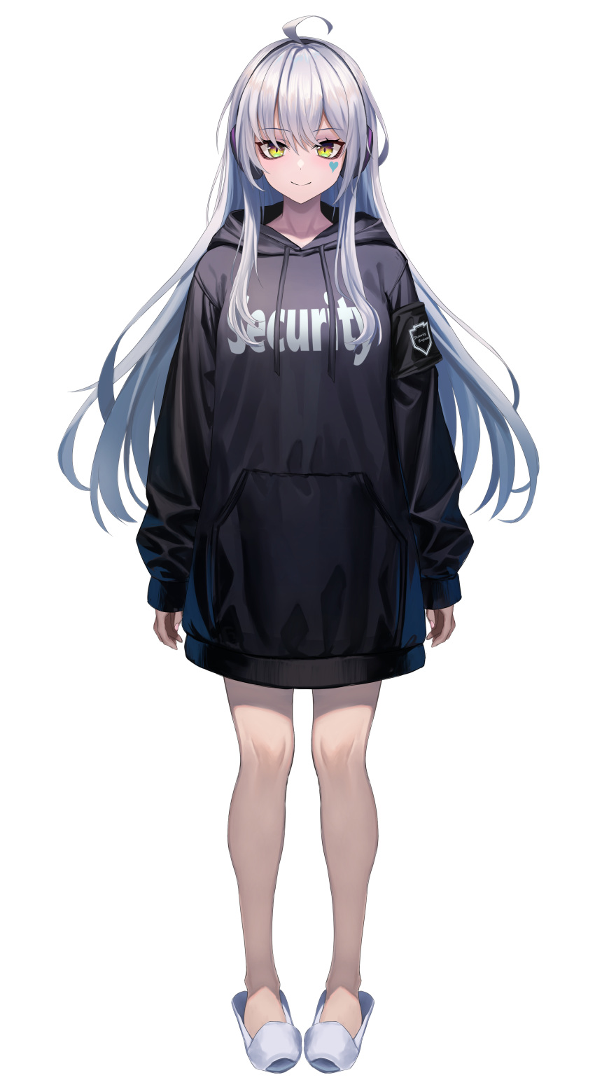 1girl absurdres ahoge black_sweater closed_mouth facial_mark floating_hair full_body grey_hair hair_between_eyes highres hood hooded_sweater long_hair long_sleeves looking_at_viewer original simple_background slippers smile solo standing straight_hair sweater tachi-e takagi_(takag1_k2) very_long_hair white_background white_footwear yellow_eyes
