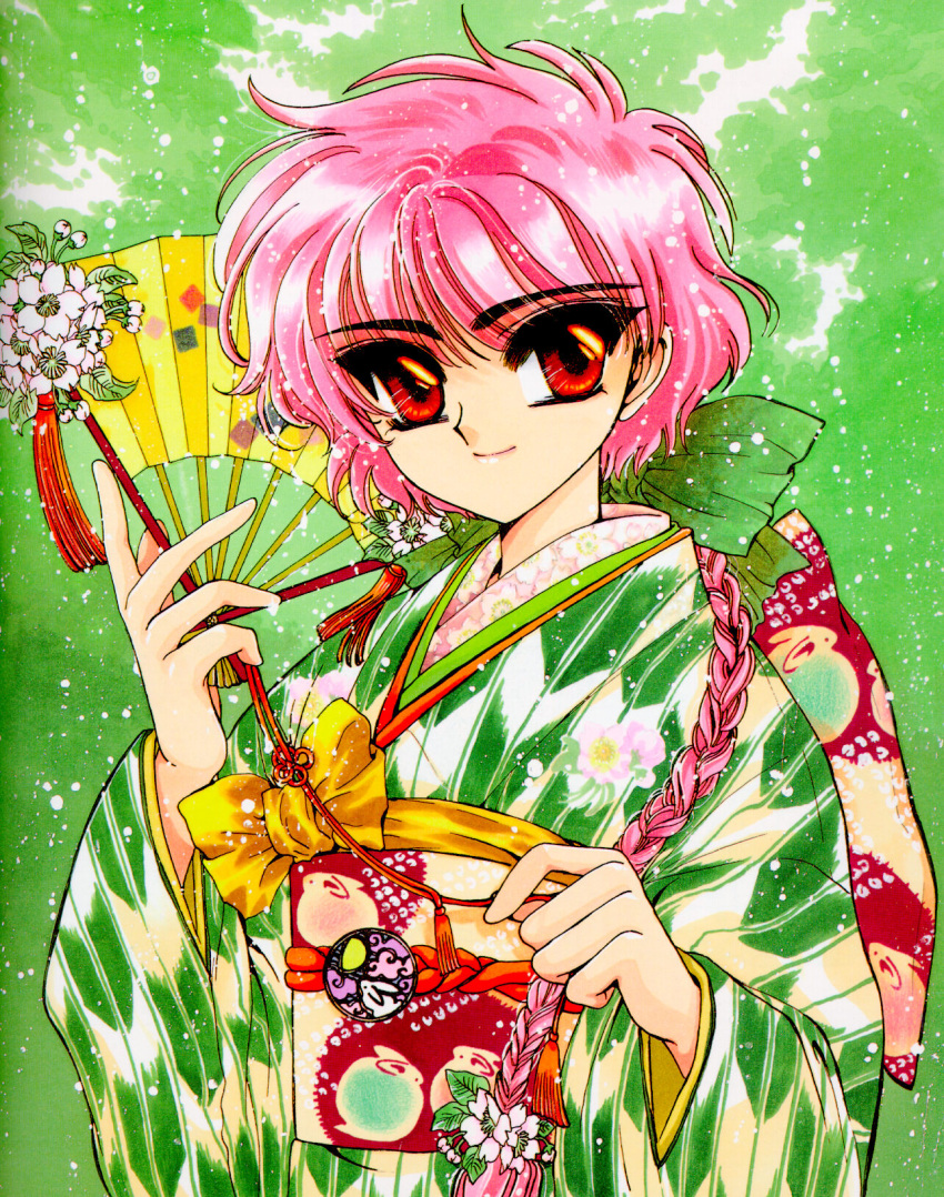 1girl arrow_print braid clamp closed_mouth eyebrows_visible_through_hair fan female flower folding_fan green_background holding holding_fan japanese_clothes kimono long_hair long_sleeves magic_knight_rayearth multicolored multicolored_clothes obi official_art pink_hair print_kimono red_eyes shidou_hikaru single_braid smile solo standing upper_body