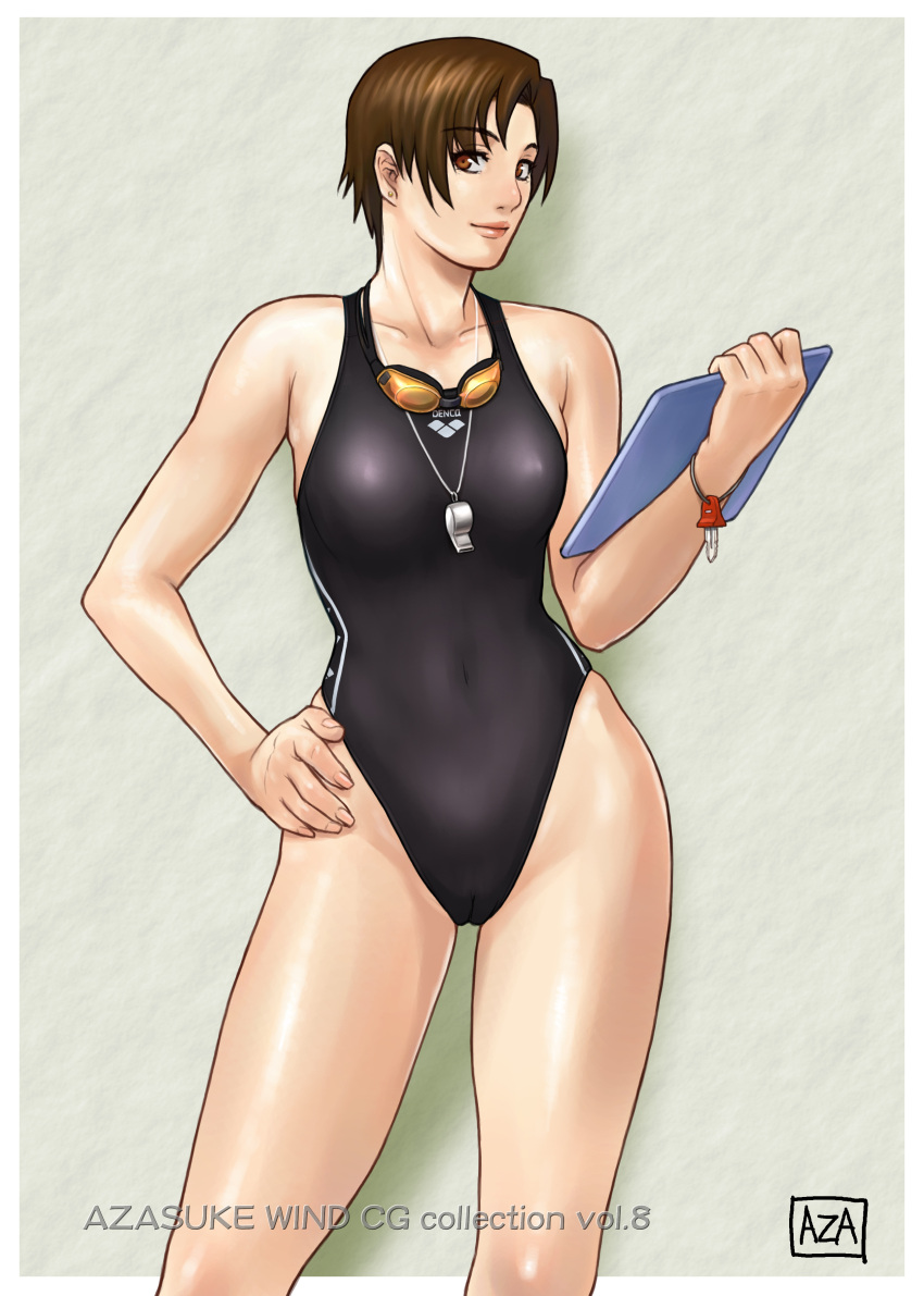 1girl azasuke azasuke_wind bare_arms bare_shoulders brown_eyes brown_hair closed_mouth female goggles goggles_around_neck hand_on_hip holding one-piece_swimsuit short_hair solo standing swimsuit thighs whistle whistle_around_neck
