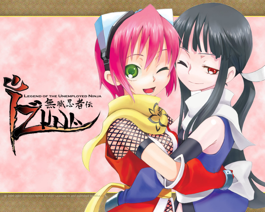 black_hair breast_press breasts cleavage elbow_gloves gloves goggles green_eyes hug izuna legend_of_the_unemployed_ninja long_hair multiple_girls ninja pink_hair ponytail red_eyes sash scarf shino_(izuna) short_hair symmetrical_docking wallpaper wink