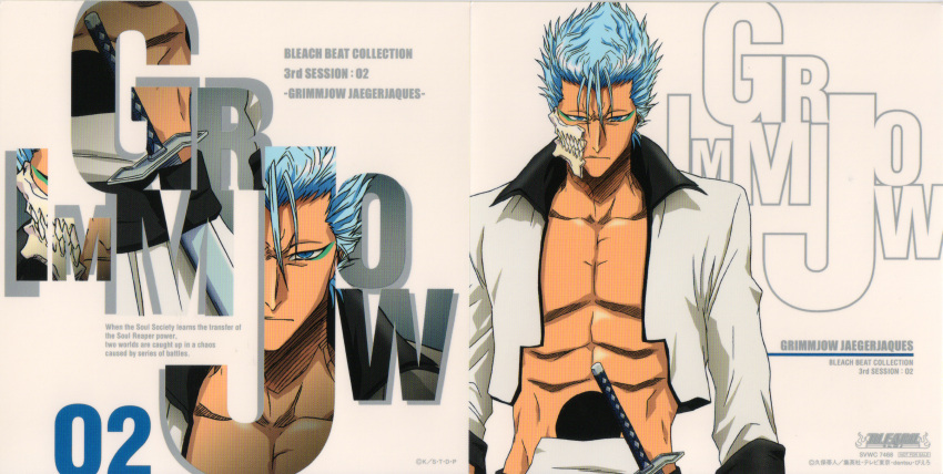 1boy arrancar bleach blue_eyes blue_hair character_name closed_mouth collarbone collared_jacket cropped_jacket espada grimmjow_jaegerjaquez highres hole_on_body jacket male official_art open_clothes open_jacket screening short_hair solo toned toned_male two-tone_clothes two-tone_jacket upper_body