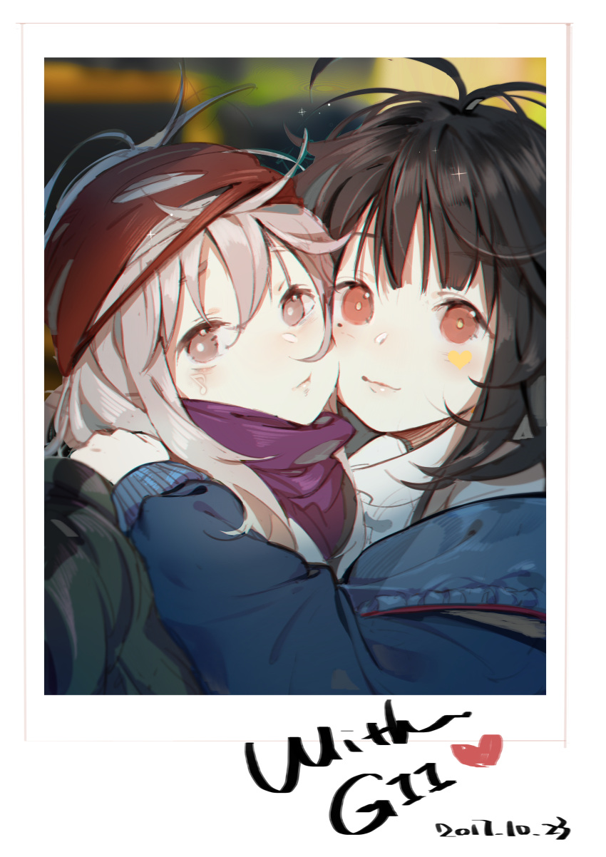 2girls absurdres bandana black_hair blue_jacket blush brown_eyes c-ms_(girls'_frontline) character_name cheek-to-cheek closed_mouth commentary dated dress eighth_note english_commentary g11_(girls'_frontline) girls_frontline green_jacket grey_hair hair_between_eyes heads_together heart highres hug jacket light_smile lips long_hair long_sleeves looking_at_viewer messy_hair mole mole_under_eye multiple_girls musical_note off_shoulder photo_(object) purple_scarf red_bandana red_eyes scarf shirt sparkle turtleneck_dress white_dress white_shirt xiao_chichi