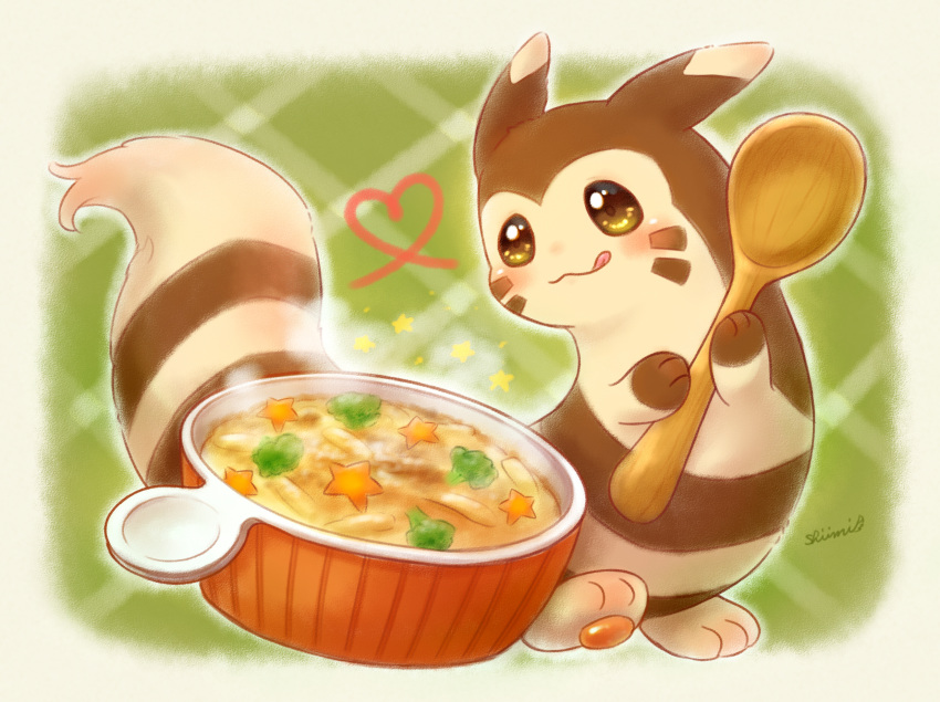 :3 artist_name bowl broccoli brown_eyes fluffy food furret gratin heart highres holding holding_spoon looking_at_food pawpads pokemon shii_(no-va_could) spoon star_(symbol) steam tongue tongue_out wooden_spoon