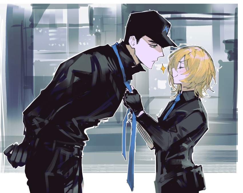 1boy 1girl adjusting_another's_clothes adjusting_clothes adjusting_necktie baseball_cap black_gloves black_hair black_headwear black_pants black_shirt black_vest blonde_hair blue_eyes blue_necktie blush closed_eyes closed_mouth collared_shirt don_quixote_(limbus_company) gloves hat highres leaning limbus_company long_sleeves looking_at_another meursault_(limbus_company) necktie pants pouch project_moon remsrar shirt short_hair sparkle tying v-shaped_eyebrows vest