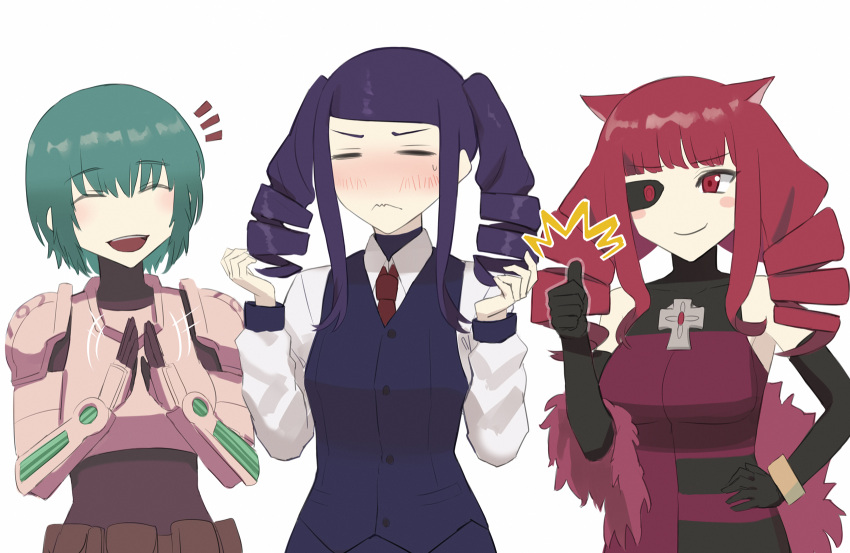 3girls alternate_hairstyle animal_ears artificial_eye asakiri_koko blush_stickers cat_ears cat_girl clapping closed_eyes drill_hair embarrassed green_hair happy highres jill_stingray mechanical_eye multiple_girls necktie power_armor purple_hair redhead sei_asagiri smile stella_hoshii thumbs_up twin_drills twintails va-11_hall-a