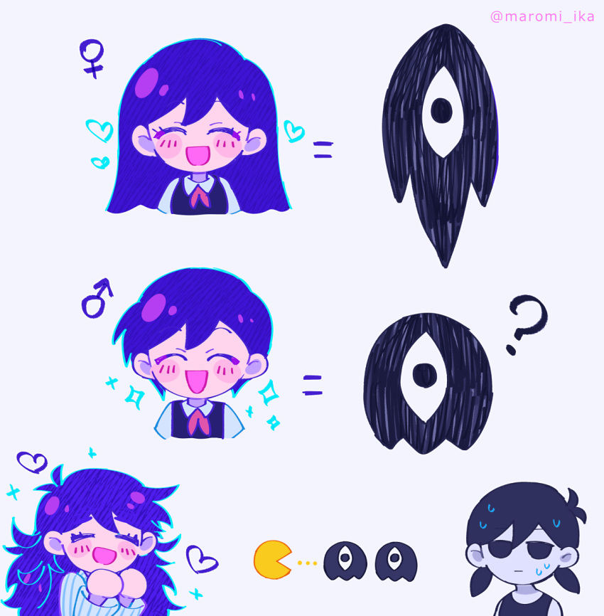 1boy 3girls ? black_hair chibi genderswap genderswap_(ftm) genderswap_(mtf) heart hero_(omori) highres low_twintails mari_(omori) maromichan mars_symbol messy_hair multiple_girls neckerchief omori omori_(omori) pac-man pac-man_(game) purple_hair red_neckerchief short_hair short_twintails something_(omori) sparkle spoilers twintails twitter_username venus_symbol