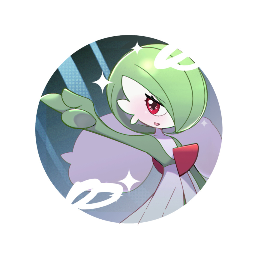 1girl arm_up blush bob_cut border collarbone colored_skin commentary_request flat_chest gardevoir green_hair green_skin hair_over_one_eye happy looking_to_the_side multicolored_skin one_eye_covered open_mouth outstretched_arm pokemon pokemon_(creature) pokeradio red_eyes round_image short_hair smile solo sparkle standing two-tone_skin upper_body white_border white_skin white_wings wings