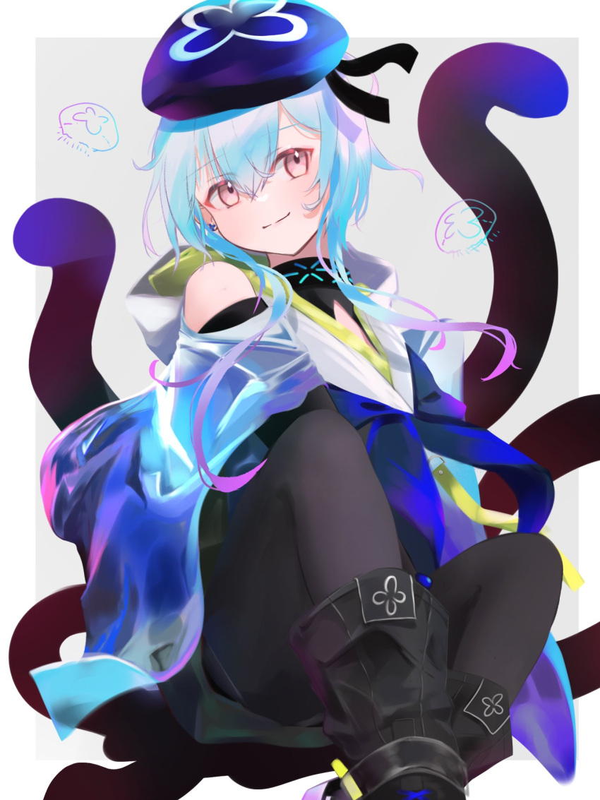 1boy arknights bare_shoulders beret black_footwear black_pantyhose black_shirt blue_hair blue_headwear blue_neckerchief boots closed_mouth commentary_request gradient_hair grey_background hair_between_eyes hat highres long_hair looking_at_viewer male_focus mizuki_(arknights) multicolored_hair neckerchief pantyhose pink_hair red_eyes roki@ shirt sleeveless sleeveless_shirt smile solo tentacles two-tone_background very_long_hair white_background