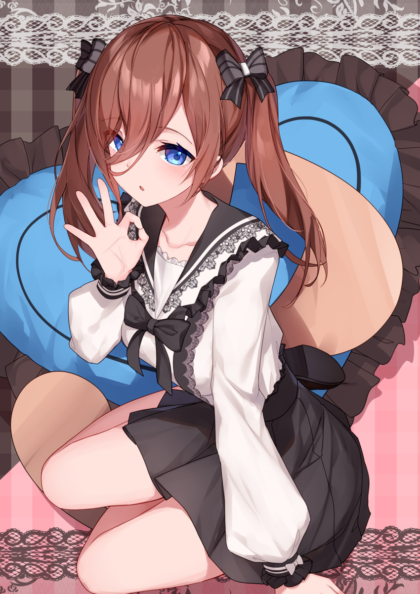 1girl bison_cangshu black_bow black_footwear black_sailor_collar black_skirt blue_eyes bow breasts brown_hair collarbone frilled_pillow frilled_sailor_collar frills go-toubun_no_hanayome grey_bow hair_between_eyes hand_up heart heart_pillow highres looking_at_viewer medium_breasts nakano_miku ok_sign parted_lips pillow plaid plaid_background pleated_skirt sailor_collar shirt shoe_soles skirt solo striped striped_background striped_bow twintails vertical_stripes white_shirt