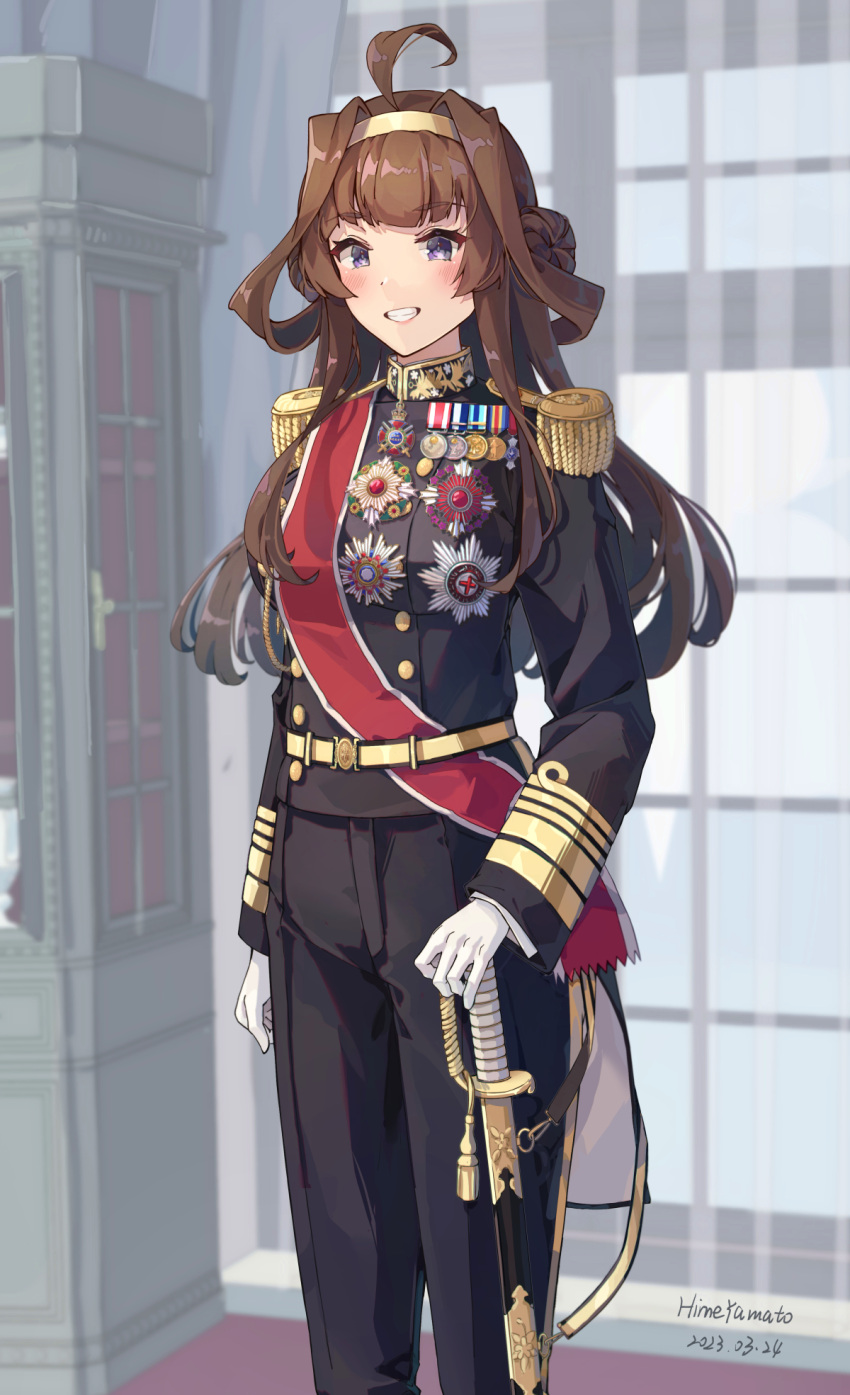 1girl ahoge artist_name black_jacket black_pants blush breasts brown_hair dated double_bun epaulettes feet_out_of_frame gloves grin hair_bun hairband hand_on_hilt highres himeyamato indoors jacket kantai_collection kongou_(kancolle) large_breasts long_hair long_sleeves medal military military_uniform pants red_sash sash scabbard sheath sheathed signature smile solo standing sword uniform violet_eyes weapon white_gloves