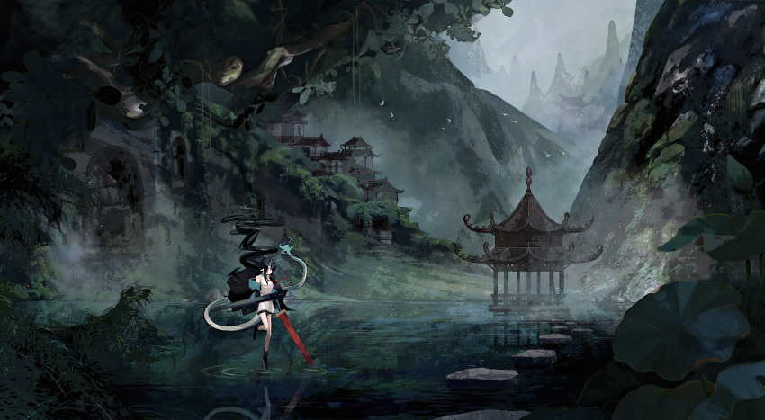 1girl absurdres architecture arknights black_footwear black_hair black_jacket chinese_commentary commentary_request dragon_horns dragon_tail dress dusk_(arknights) east_asian_architecture ek276 floating_hair highres holding holding_sword holding_weapon horns jacket lake leaf lily_pad long_hair mountain necktie off_shoulder open_clothes open_jacket outdoors overcast pagoda pointy_ears red_eyes red_necktie ripples scenery shoes sleeveless sleeveless_dress solo standing standing_on_liquid sword tail tree very_long_hair village water weapon white_dress wide_shot