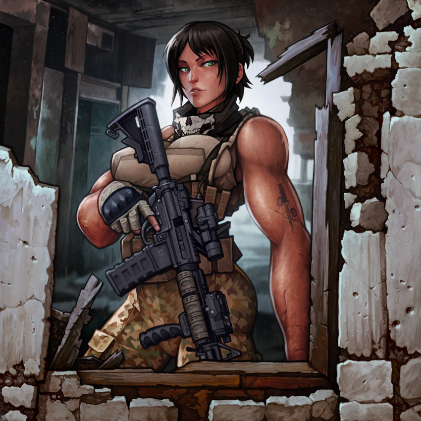 1girl absurdres ammunition_pouch ar-15 bandana breasts broken_window brown_hair commission dark_skin fingerless_gloves gloves green_eyes gun highres large_breasts muscular muscular_female original pouch protey84 rifle skull sleeveless soldier solo soulless_sketch tattoo trigger_discipline weapon