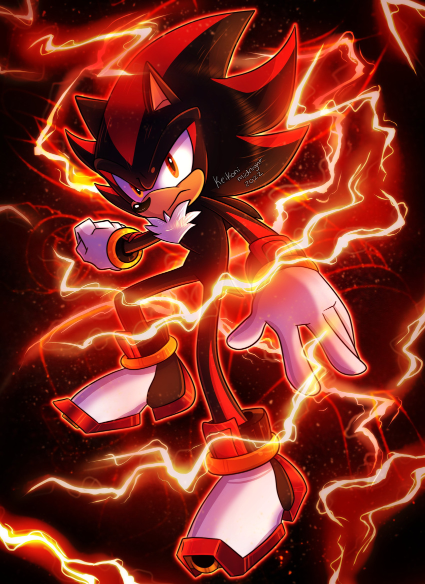 1boy absurdres artist_name brown_eyes gloves highres keikonimidnight lightning looking_at_viewer shadow_the_hedgehog shoes solo sonic_(series) watermark white_gloves
