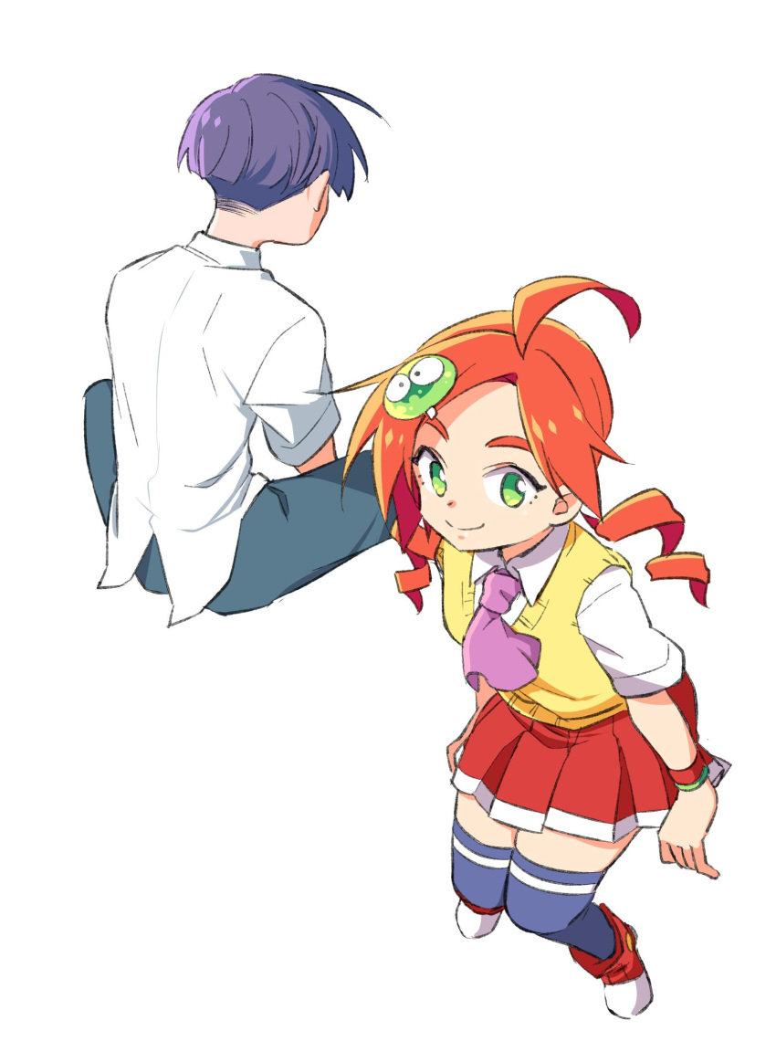 1boy 1girl 4lily ahoge andou_ringo character_hair_ornament closed_mouth drill_hair full_body green_eyes hair_ornament highres looking_at_viewer pleated_skirt purple_hair puyopuyo puyopuyo_7 redhead sasaki_maguro school_uniform short_hair simple_background skirt smile sweater_vest thigh-highs twin_drills twintails white_background