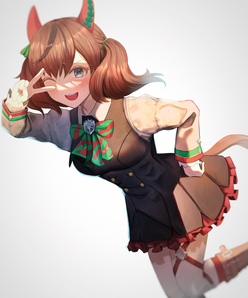 1girl animal_ears black_dress blush boots bow bowtie brown_footwear brown_hair colored_eyelashes diagonal-striped_bow diagonal-striped_bowtie dress ear_covers green_bow green_bowtie grey_eyes highres horse_ears horse_girl horse_tail kougekiryoku leaning_forward long_sleeves medium_hair nice_nature_(umamusume) one_eye_closed open_mouth red_bow red_bowtie redhead simple_background solo tail two_side_up umamusume v white_background