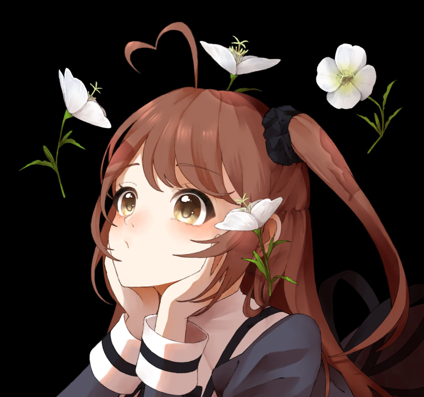 1girl :/ ahoge amahara_nue assault_lily black_background black_scrunchie brown_hair closed_mouth commentary floating floating_object flower hair_ornament hair_scrunchie hands_on_own_cheeks hands_on_own_face hands_up head_rest heart heart_ahoge highres juliet_sleeves lily_(flower) long_hair long_sleeves looking_at_flowers looking_up lying on_stomach one_side_up portrait puffy_sleeves school_uniform scrunchie simple_background solo symbol-only_commentary takasuga_tsukushi white_flower yellow_eyes yurigaoka_girls_academy_school_uniform