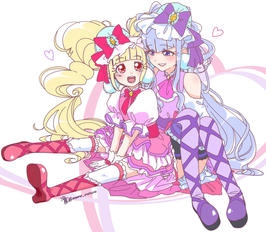 2girls aisaki_emiru blonde_hair blunt_bangs blush boots bow commentary_request cure_amour cure_macherie earrings gloves hair_bow highres hugtto!_precure jewelry long_hair magical_girl meme_rururu multiple_girls open_mouth pom_pom_(clothes) pom_pom_earrings precure purple_bow purple_hair red_eyes ruru_amour sitting smile twintails very_long_hair violet_eyes white_gloves