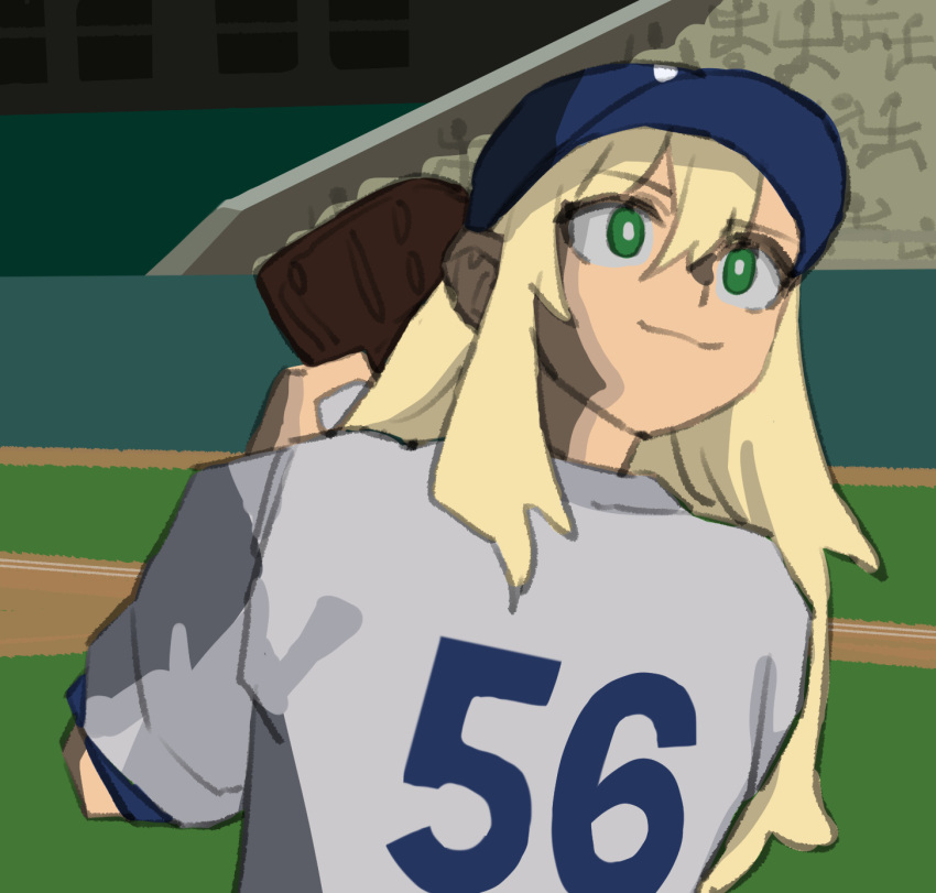 1girl alternate_costume ball baseball baseball_cap baseball_jersey baseball_mitt baseball_stadium baseball_uniform blonde_hair closed_mouth derivative_work from_behind green_eyes hat highres holding holding_ball looking_up major matangom matangomu-chan original outdoors parody serious shirt short_sleeves smile solo sportswear undershirt upper_body white_shirt