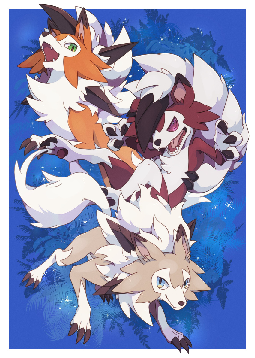 absurdres blue_background blue_eyes border claws closed_mouth commentary_request fangs fangs_out green_eyes highres ktyon3 looking_at_viewer lycanroc lycanroc_(dusk) lycanroc_(midday) lycanroc_(midnight) no_humans one_eye_covered open_mouth outside_border pokemon pokemon_(creature) red_eyes sharp_teeth simple_background sparkle spikes teeth tongue v-shaped_eyebrows white_border